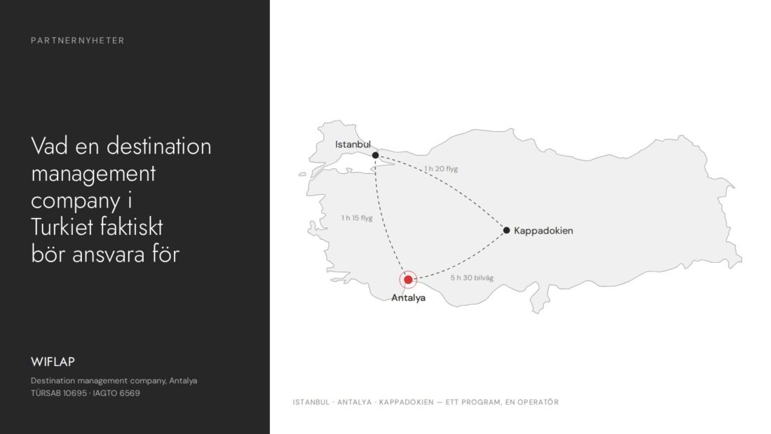 Schematisk karta över Turkiet med Istanbul, Antalya och Kappadokien samt flyg- och restider, WIFLAP destination management