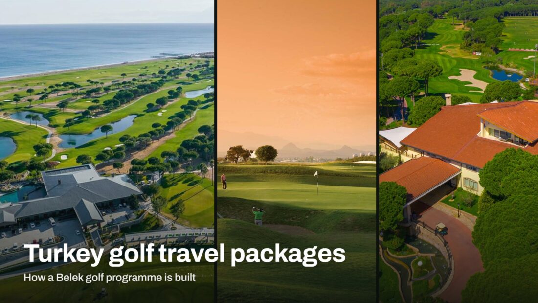 Belek golf courses from the air with the Mediterranean coastline, a golfer on a fairway at dusk and a clubhouse among pine trees — Turkey golf travel packages by WIFLAP